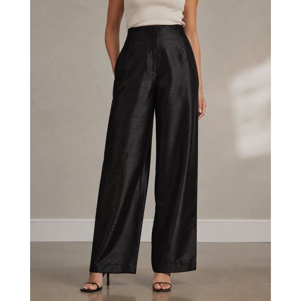 Lloyd Williams 100% Silk Black Wide Leg Pleated Trousers Size 12 Vintage Pants